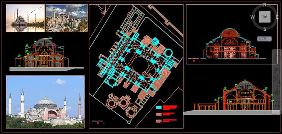 پلان مسجد ایاصوفیه ؛ نقشه اتوکد کلیسای ایاصوفیه شامل پلان و برش DWG